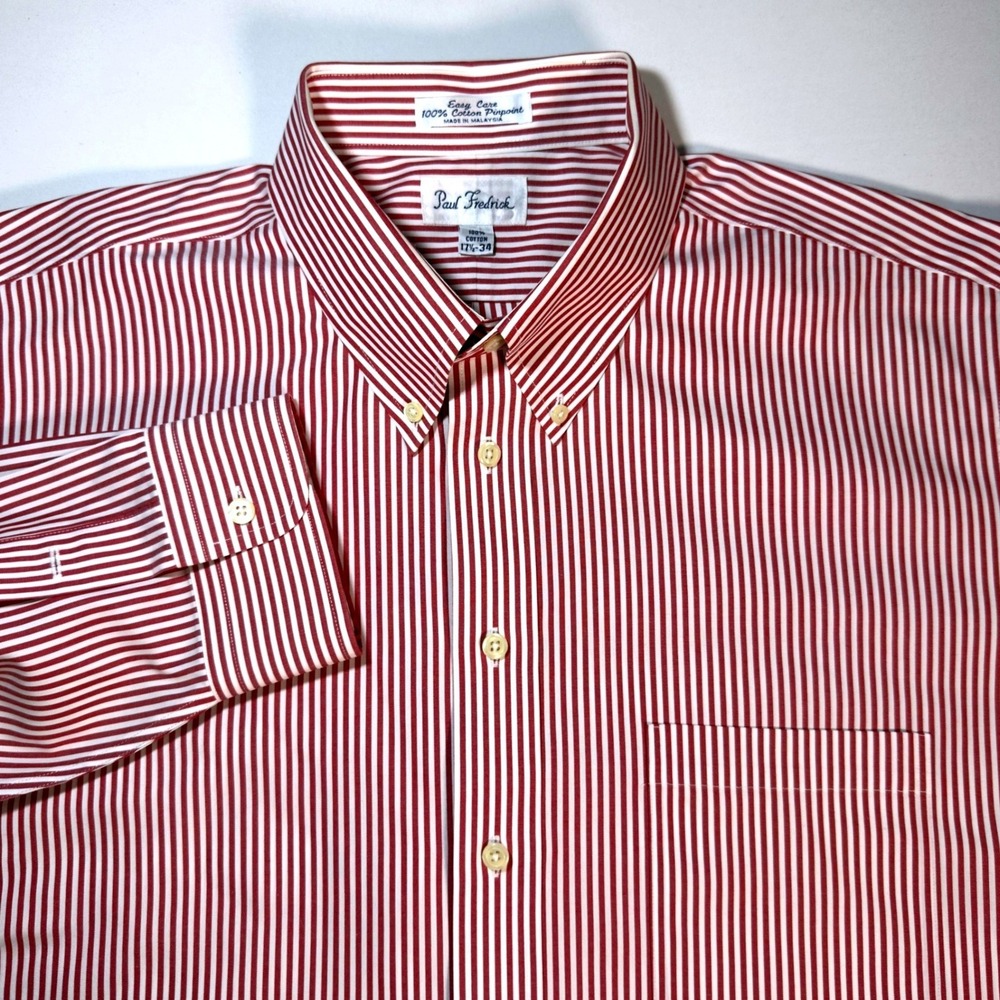 Paul Fredrick Dress Shirt Mens 17.5-34 Red White Excellent Striped Pinpoint